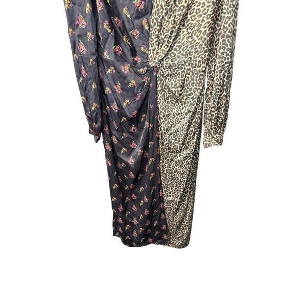 Something Navy Brown Leopard Floral Mixed Print Twist Wrap Dress M - Picture 5 of 14
